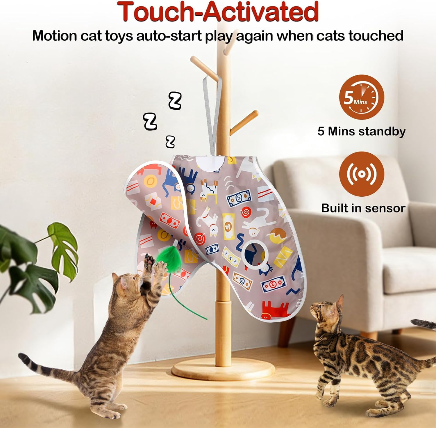 URRU Interactive Cat Toys for Indoor Cats,Moving Concealed Feathers,Real Mouse Squeaky,Touch Activated Cat Exercise Toys USB Rechargeable Self Play Toy for Cats and Kittens