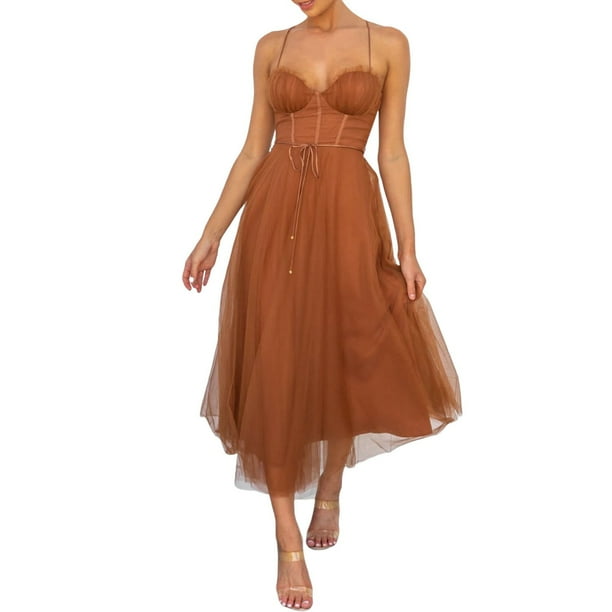 Vestido de noche sexy de malla con tirantes para mujer - Vestido de fiesta formal con cintura alta - Estilo europeo americano