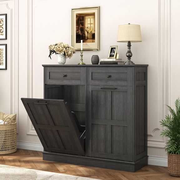 Double Trash Can Cabinet, 25 Gallons Farmhouse Hidden Wood Garbage Can Bin Cabinet with Drawers, Tilt Out Laundry Hamper with Laundry Storage Basket for Bathroom, Kitchen, Dark Grey