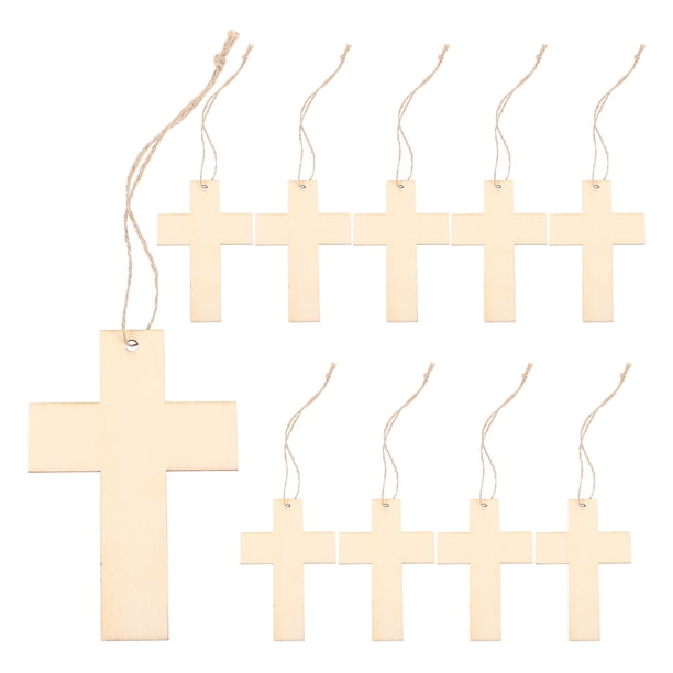 20 piezas de madera en blanco con forma de cruz, agujeros y cuerdas. Ideales para manualidades, decoración del hogar, iglesias y otros eventos. Figuras de madera sin terminar para bodas y cumpleaños.