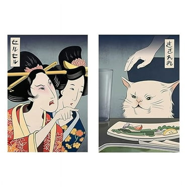 M-Funny Japanese Woman Yelling At Cat, Canvas Painting Wall Art Poster Print for Home Decor