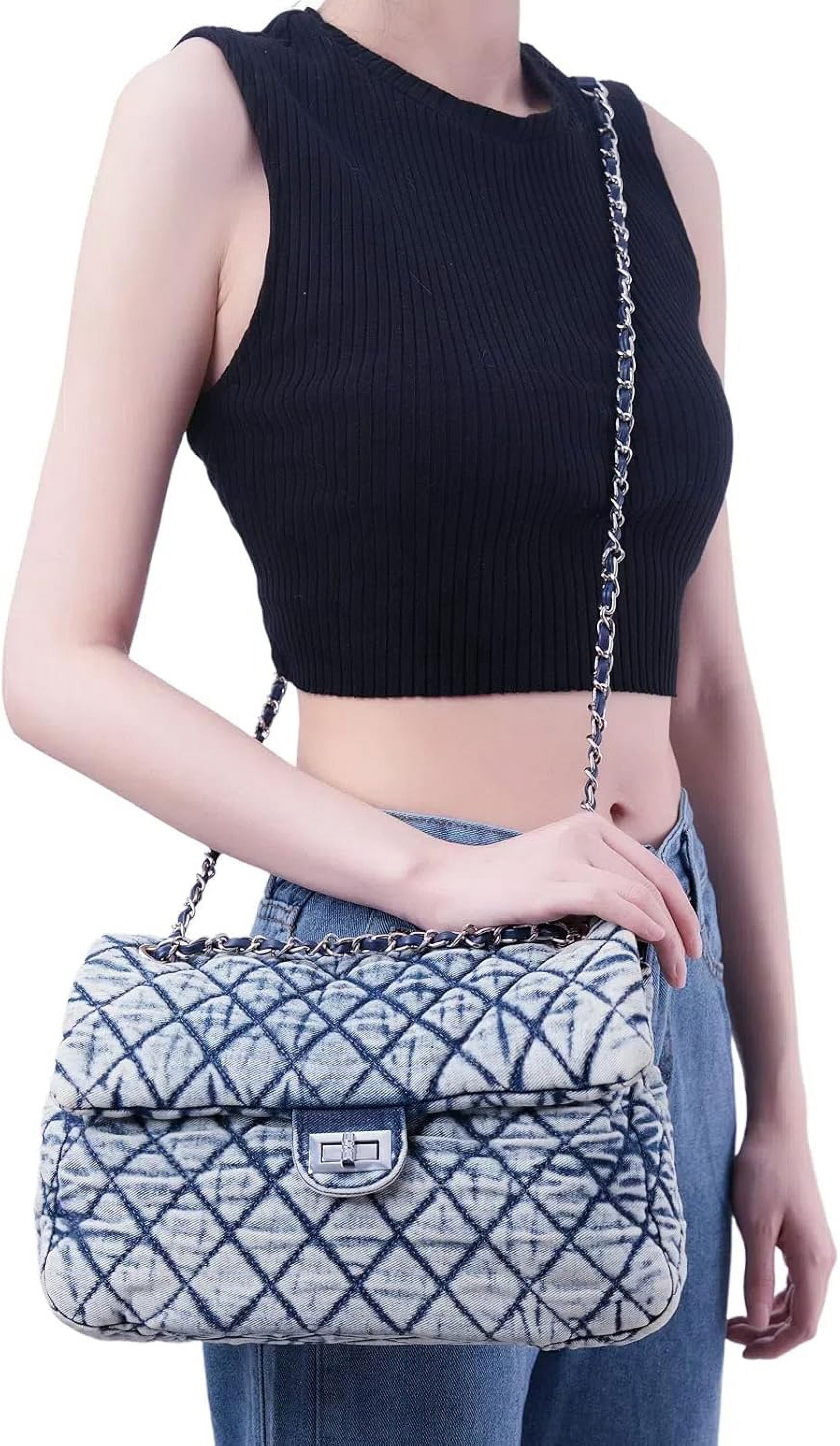 NANAHuang Retro Quilted Denim Purses for Women Crossbody Tote Bag for Womens Shoulder Bags Chain Over Washed Jeans Handbags Black Blue