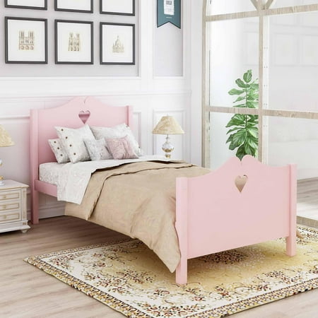 Image of Pink Twin Kids Wood Bed Platform Bed with Headboard Footboard and Wooden Slat Support for Boys Girls No Box Spring Needed Easy Assemble
