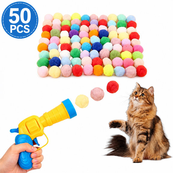 Cat Toy Plush Ball Launcher, Interactive Pom Poms Gun for Indoor Kitten, Toy
