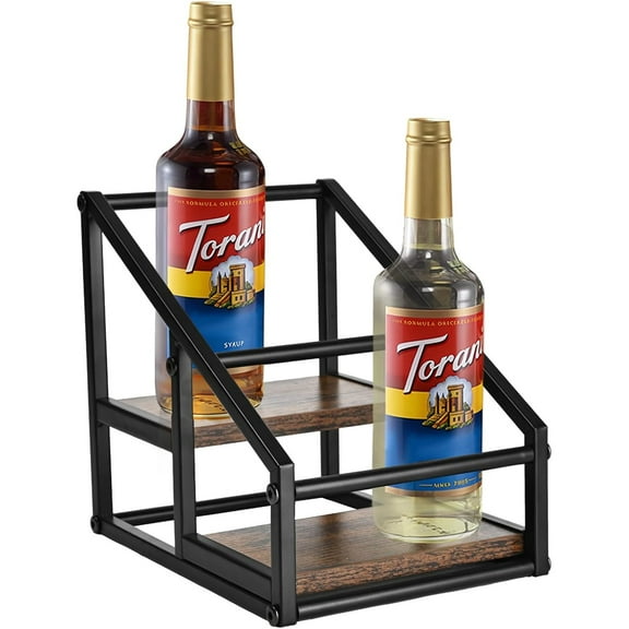 Coffee Syrup Rack Organizer,Liquor Bottle Display Shelf,2-Tier 4 Bottle Stand for Coffee Bar, Kitchen Station, Liquor, Wine, Dressing,Rustic Brown