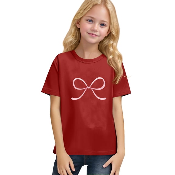 CCRFTGI Shirt for Child Girls Size 10-12 Funny Preppy Bowknot Graphic T Shirts Fashion T-Shirt Summer Tops Short Sleeve Crew Neck Tees Tops Red 7-8 Years