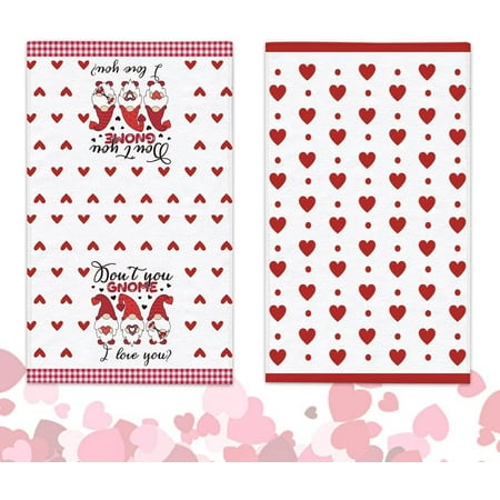

SPXUBZ Valentine s Day Kitchen Towels Pink Gnome Red Love Dots Suitable for Home Kitchen Valentine s Day Couple Love Wedding Gift Towel Set of 2