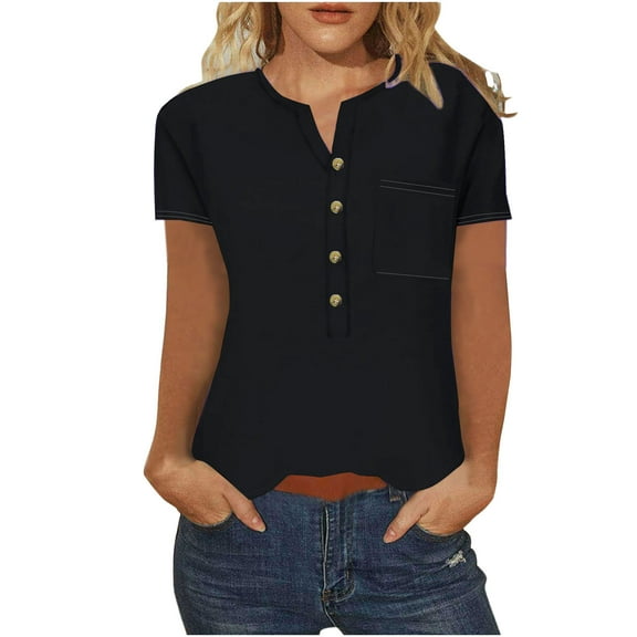 Cagogo Ladies Summer Short Sleeve Button Down V Neck Shirts Under $5 Casual Soft Basic Plain T Shirt Going Out Green Tunic Tops Mothers Day Gifts for Grandma