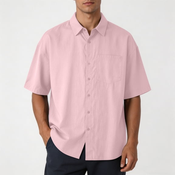 COSFO Solid Mens Button Up Shirt Summer Short Sleeve Work Shirt Collared Loose Fit with Pocket Casual Tops