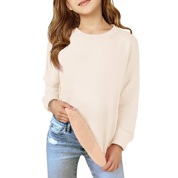 KAUOD Teen Girls Fleece Lined Sweater Thick Warm Crew Neck Pullover Sweatshirts Tops Kids Plain Long Sleeve Padded Clothes