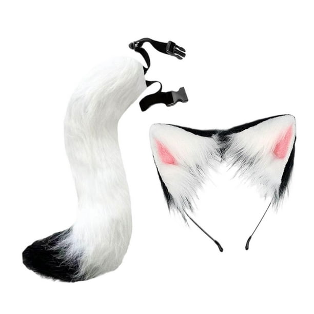 Conjunto de orejas y cola de gato y zorro, diadema para carnaval, mascarada, disfraz y cumpleaños. Blanco