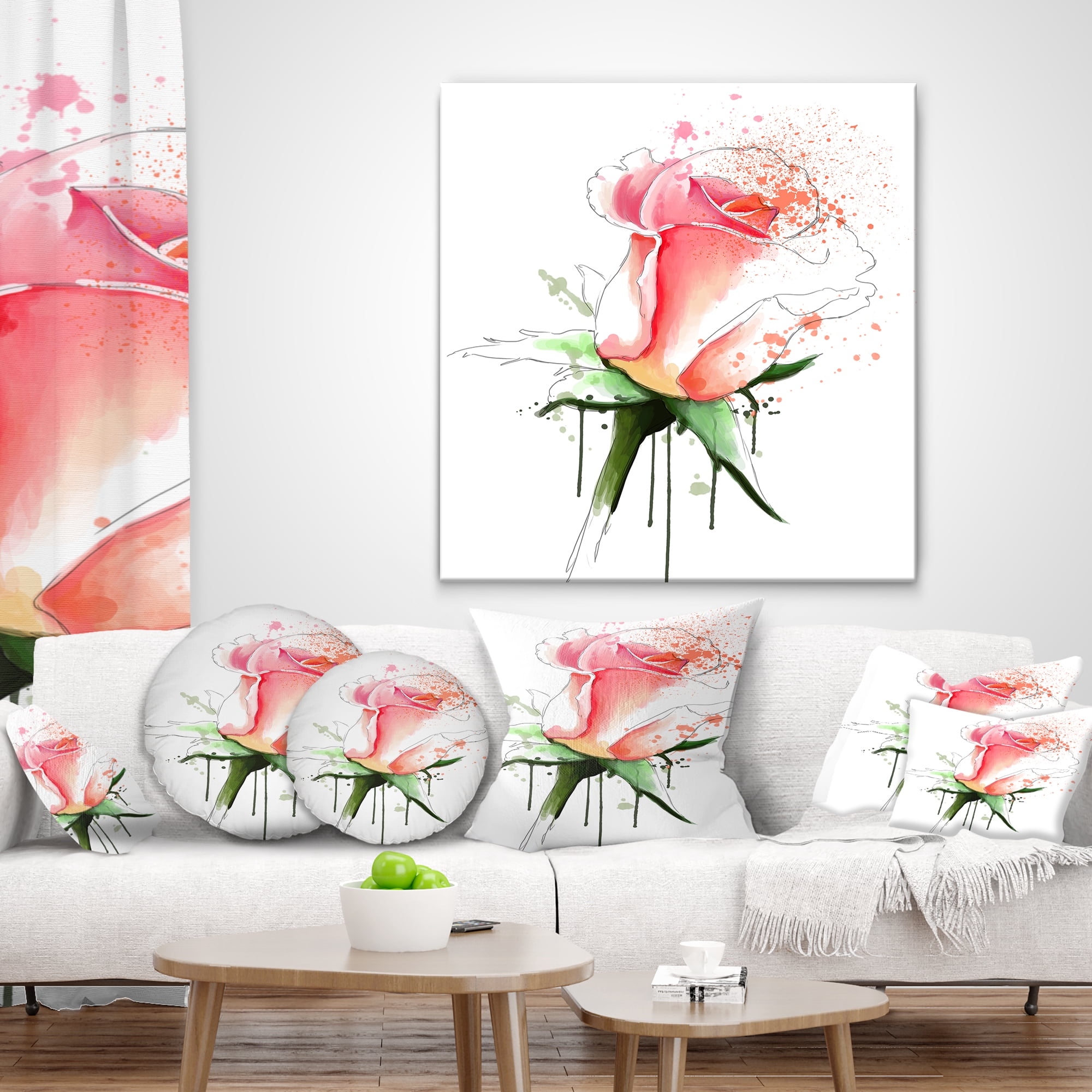 Designart Pink Rose Sketch with Green Calyx - Floral Throw Pillow - 18x18