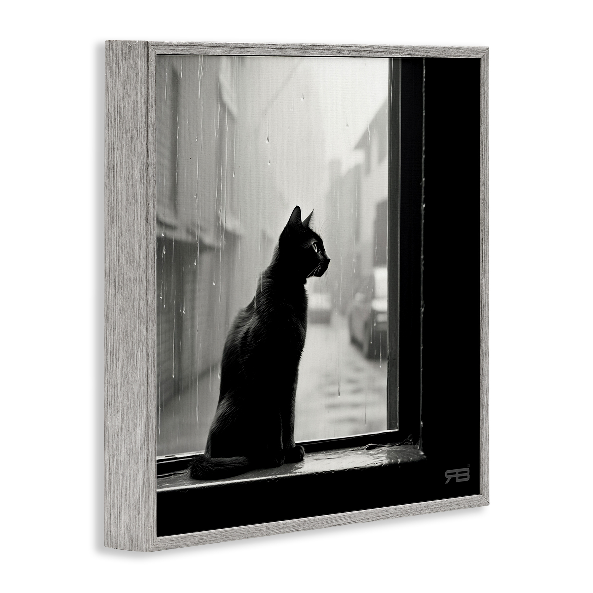 Stupell Industries Cat Gazing Rainy Window Animals & Insects Painting Gray Framed Art Print Wall Art, 12 x 12