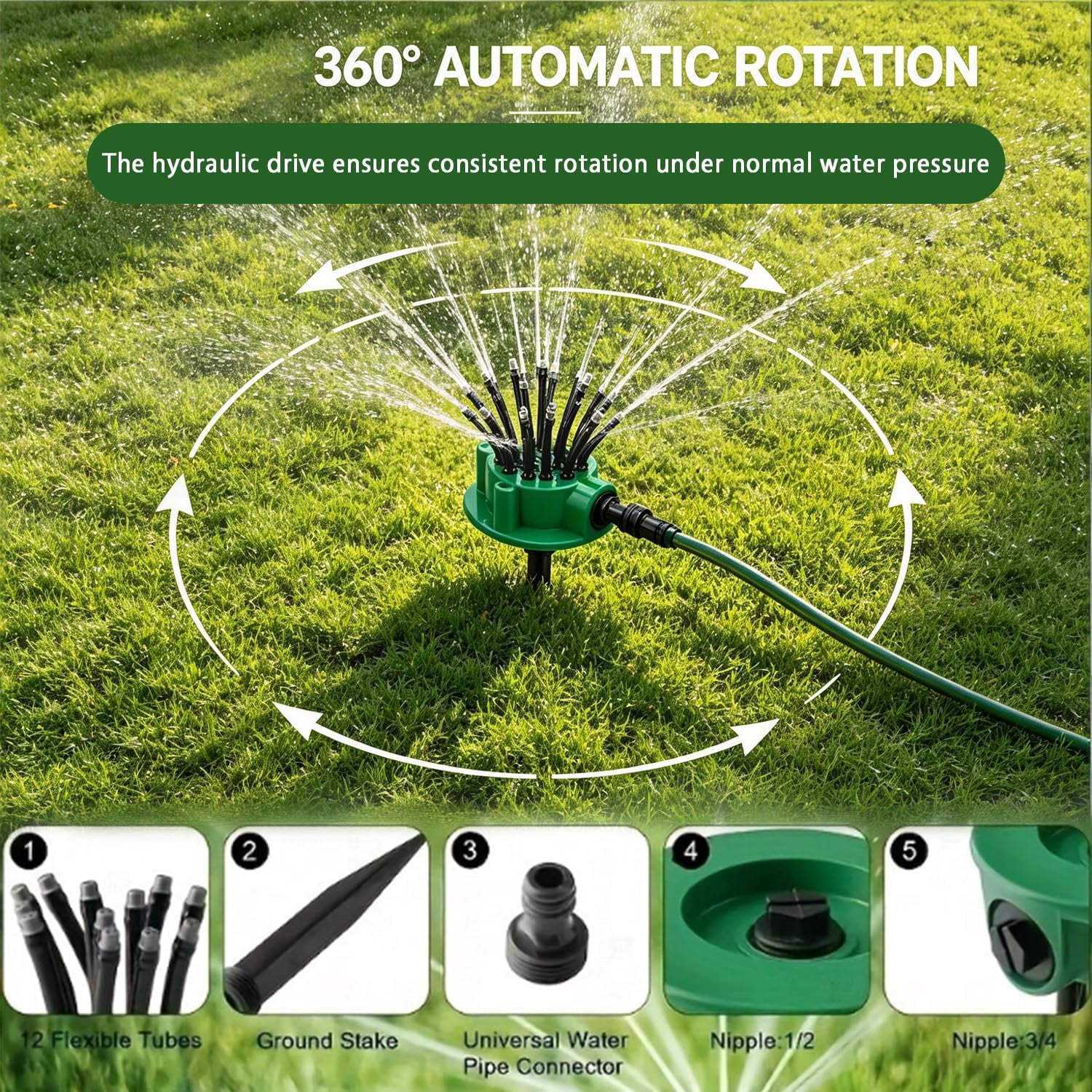 2026 New 360° Multi-Directional Lawn Sprinkler for Yard & Garden, 12 Nozzles Wide Coverage, ABS Durable Spike Base Irrigation for Large Lawn Grass Plant Outdoor (2PCS)