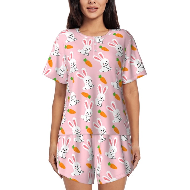 Xecao Rabbit And Carrot Pattern Women's Short Sleeve Pajama Set Soft Sleepwear Lounge Set with Button Front Top and Drawstring Shorts with Pockets-4X-Large