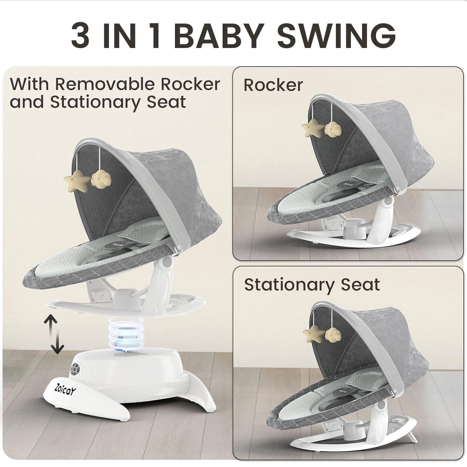 Zoicay 3-in-1 Portable Foldable Baby Swing Bouncer Rocker, Newborn Infant Rocking Seat with Remote Control, 5 Swing Speeds, 3 Music Modes, Bluetooth & Built-in Soothing Music, Easy Storage, Gray
