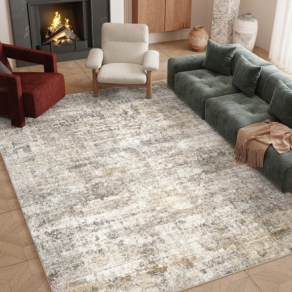 8' x 10' Grey and Beige Washable Vintage-Print Area Rug