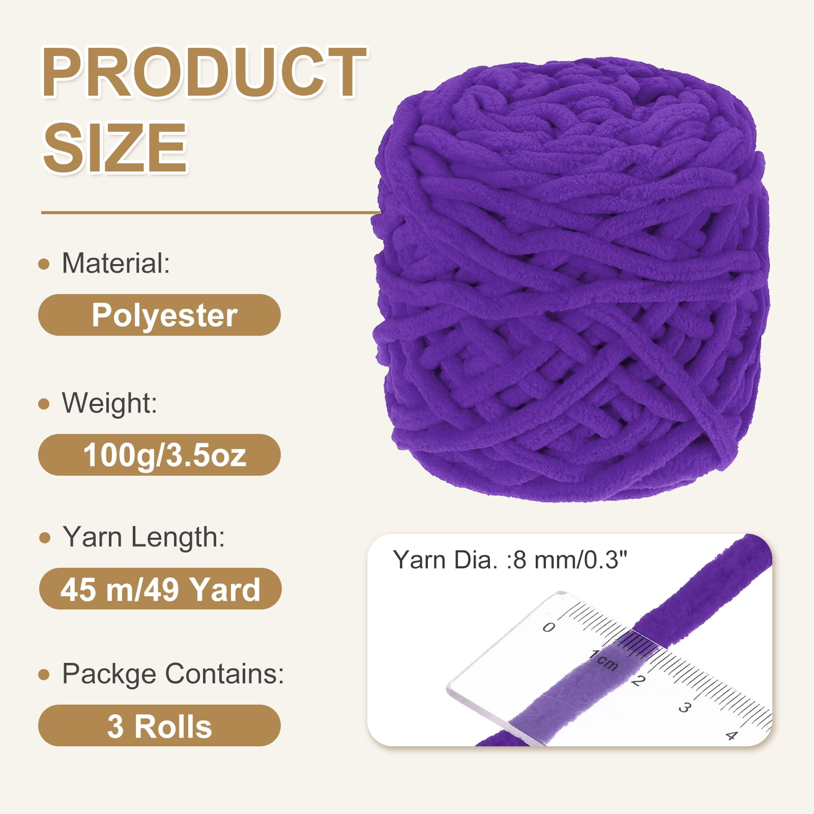 Uxcell 3 Pcs Blanket Yarn, 49 Yards Fluffy Velvet Plush Bulky Thick Chenille Chunky Yarn for Soft Velvet Blanket Shawl Scarf Crochet Hand Knitted Crafts, Purple