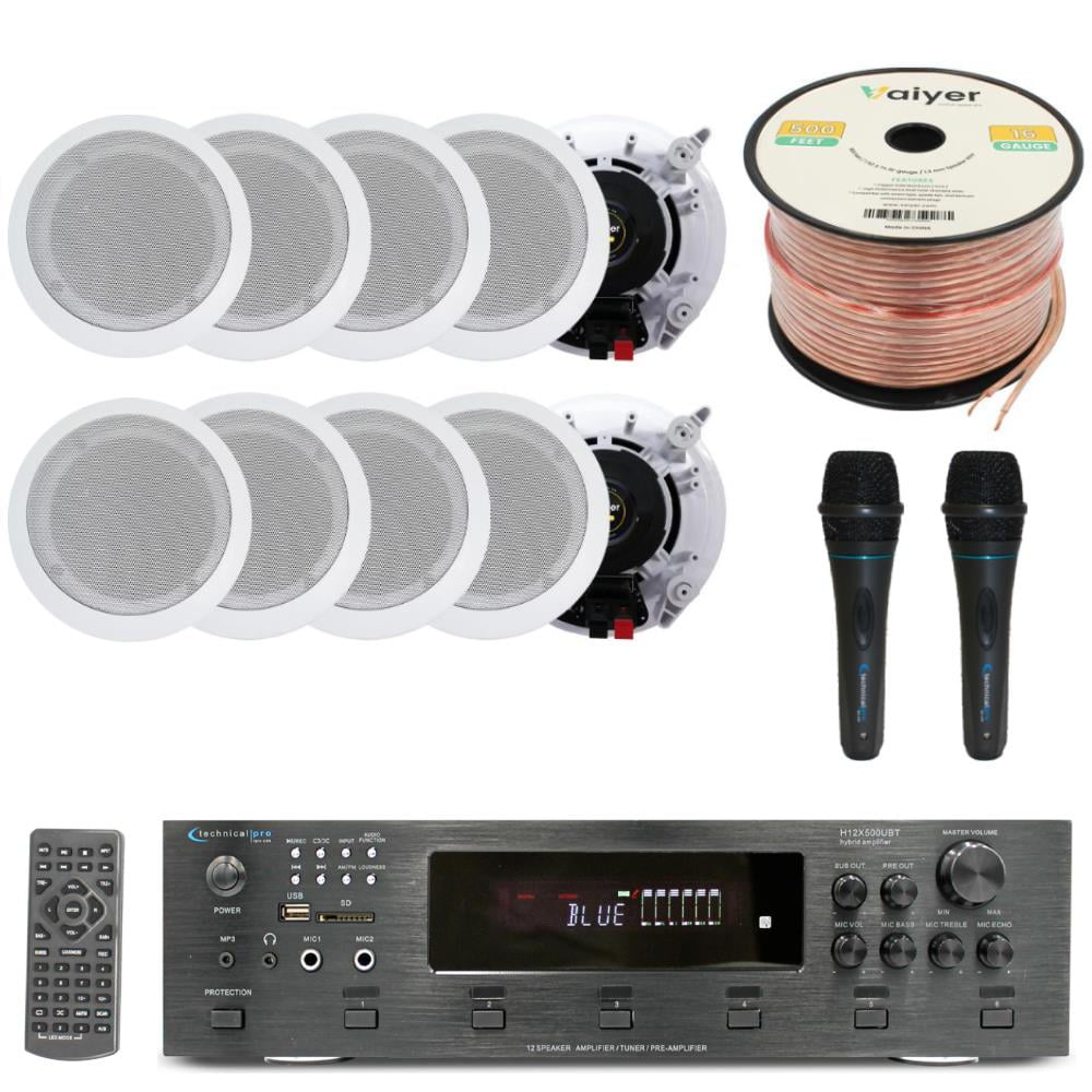 Home Stereo System Kit - 6 Channel 6000 W Bluetooth Amplifier w/ 10 QTY of 6.5" in-Wall in-Ceiling Speakers 200 W Each, 2 QTY of Wired Mic, 500 ft Speaker Wire & Remote by Technical Pro