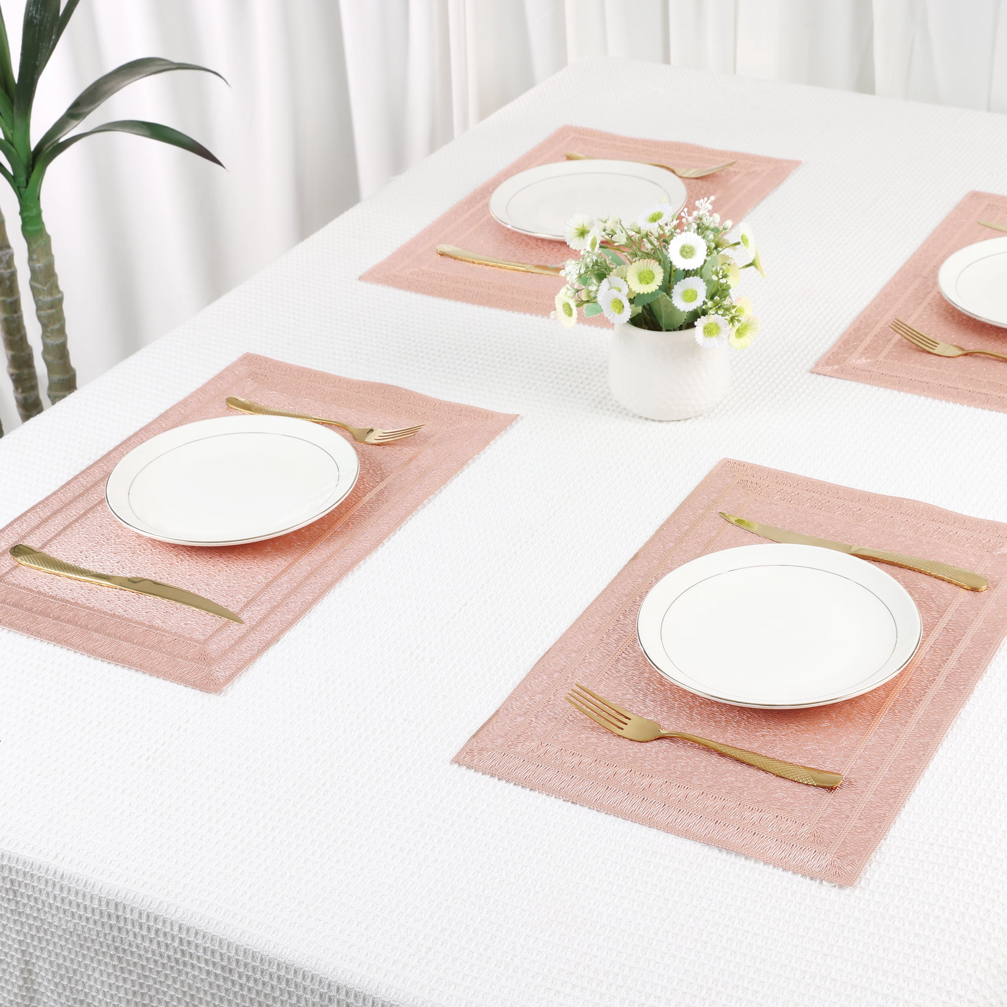 Unique Bargains Washable Placemats Set of 6 Trimmed Placemats for Dining Table Rose Gold