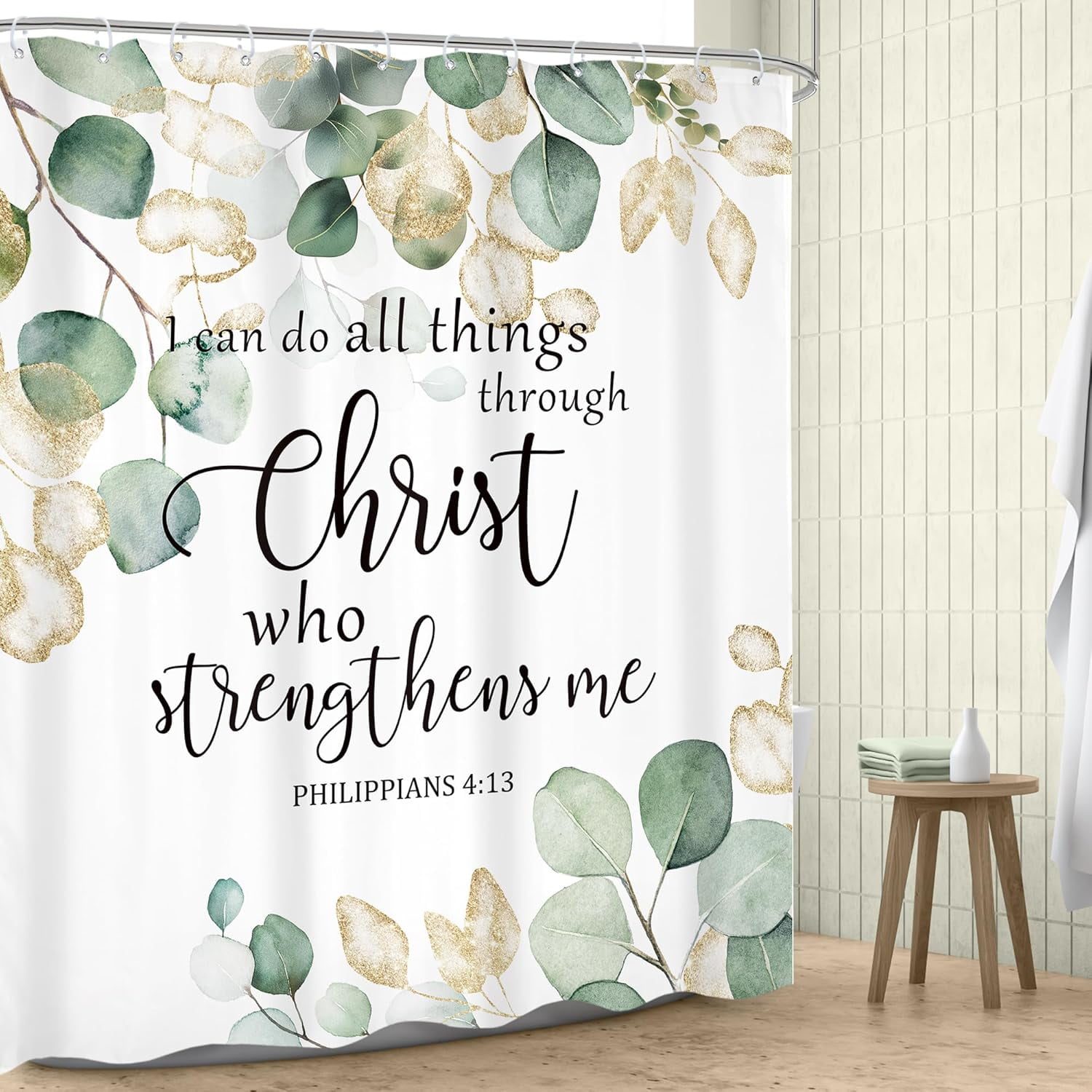 Eucalyptus Bible Verse Shower Curtain Green Leaves Gold Watercolor Plant Christian Quotes Botanical Leaf Scripture with 12 Plastic Hooks Fabric Waterproof Toilet Accessories Decor