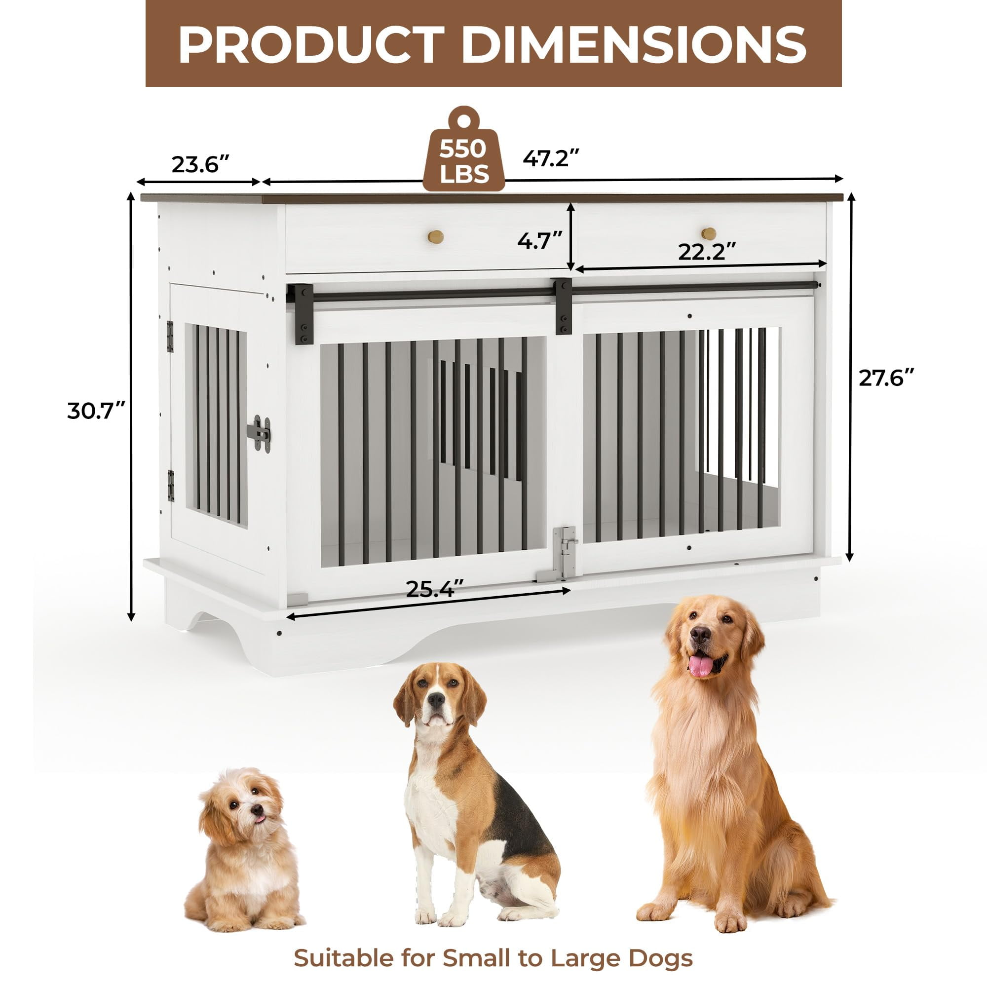 Litake Dog Furniture Crate, 47" Large Dog Crate Furniture w/ 2 Storage Draws & Removable Divider for Large/Medium/Small Dogs, White
