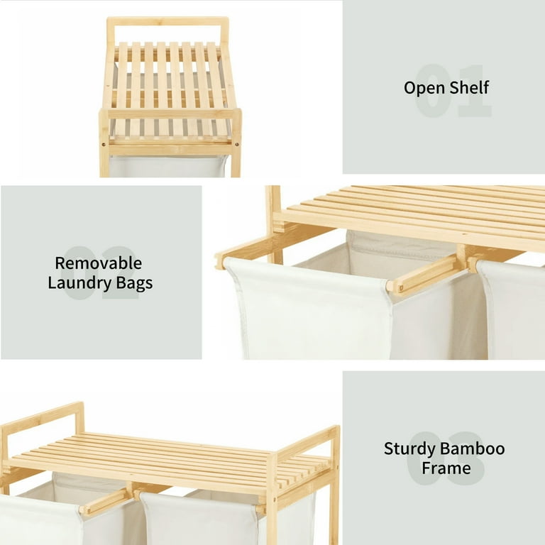 Qunbio Double Bamboo Laundry Sorter, Freestanding Basket with 2