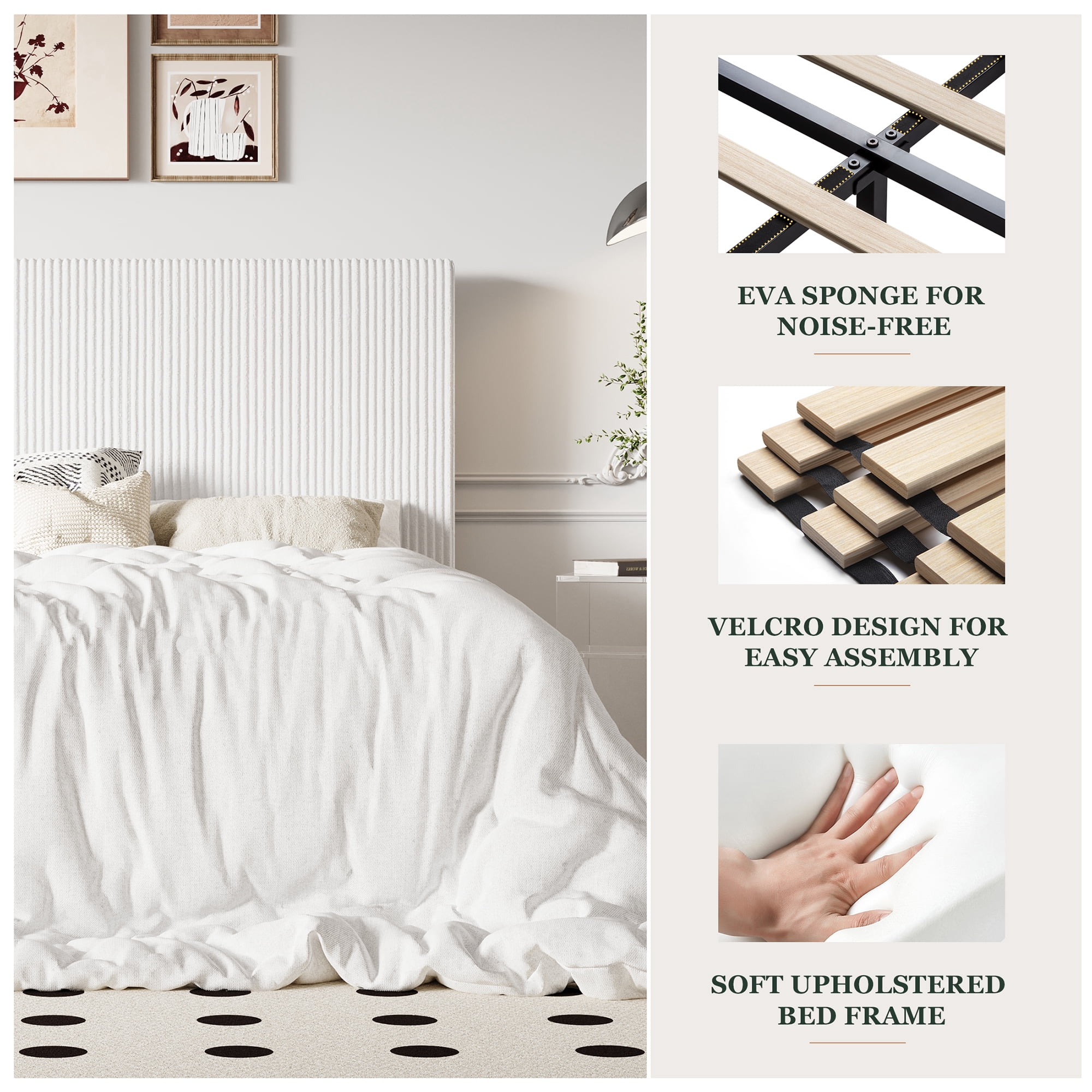 Amolife Full Size Upholstered Platform Bed Frame with Adjustable Height Headboard, Noise-Free, White