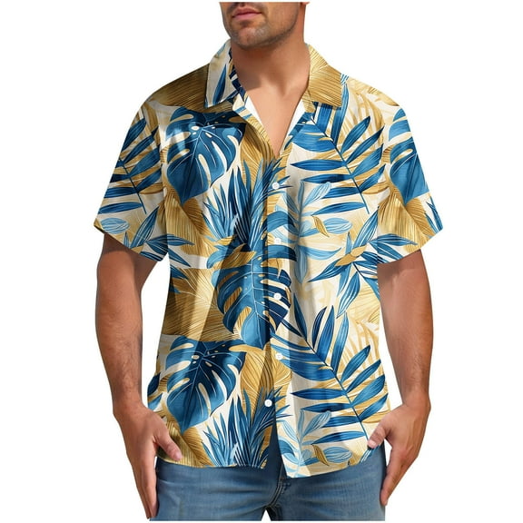 Yghzkop Men's Hawaiian Print Short Sleeve Shirt Button Down Turndown Collar Tropical Vacation Beach Party Aloha Casual Linen Shirt Summer Resort Wear