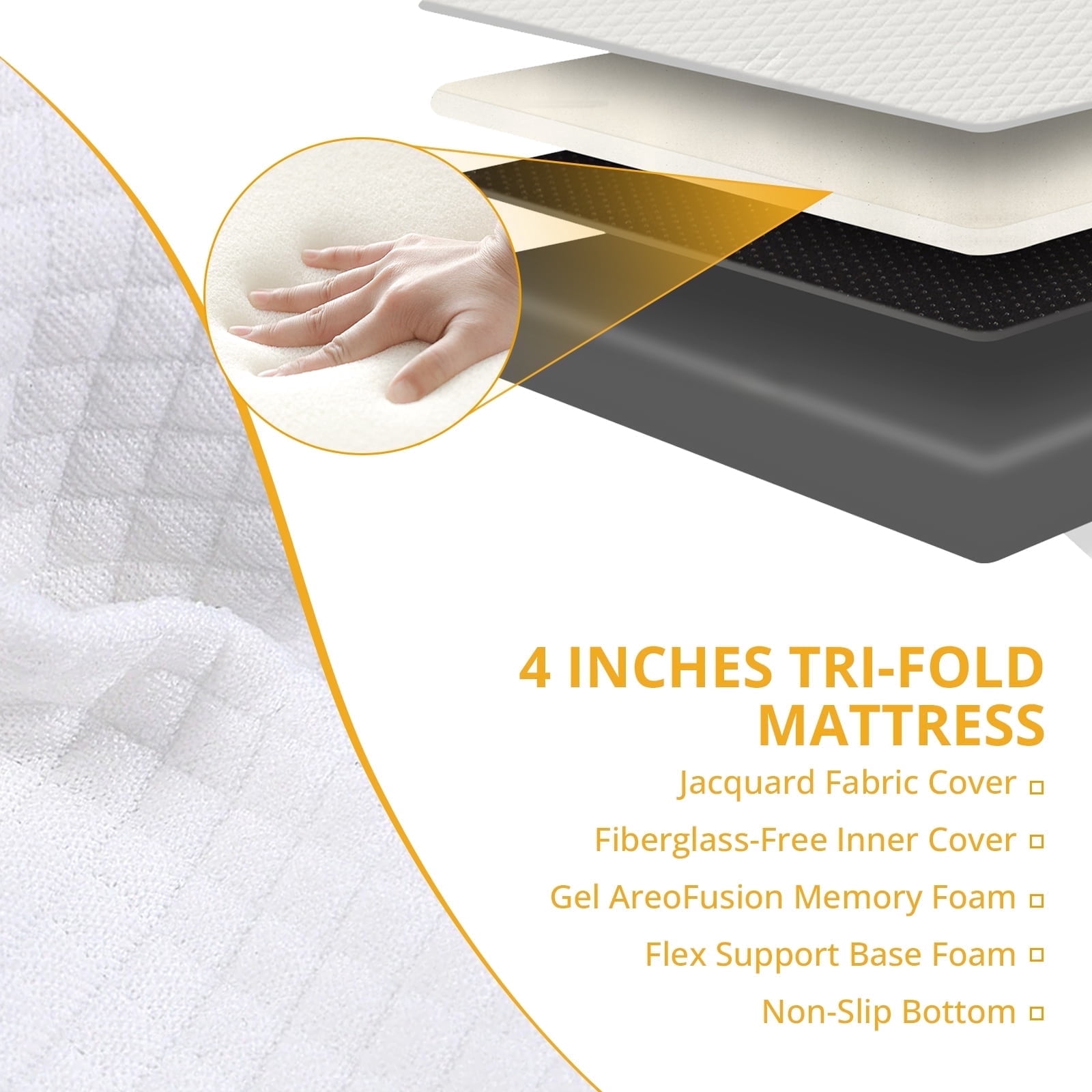 Beddle 4 inches Folding Full Size Memory Foam Mattress with Cover,Tri-fold Portable Mattress Topper for Guest Bed,Camping