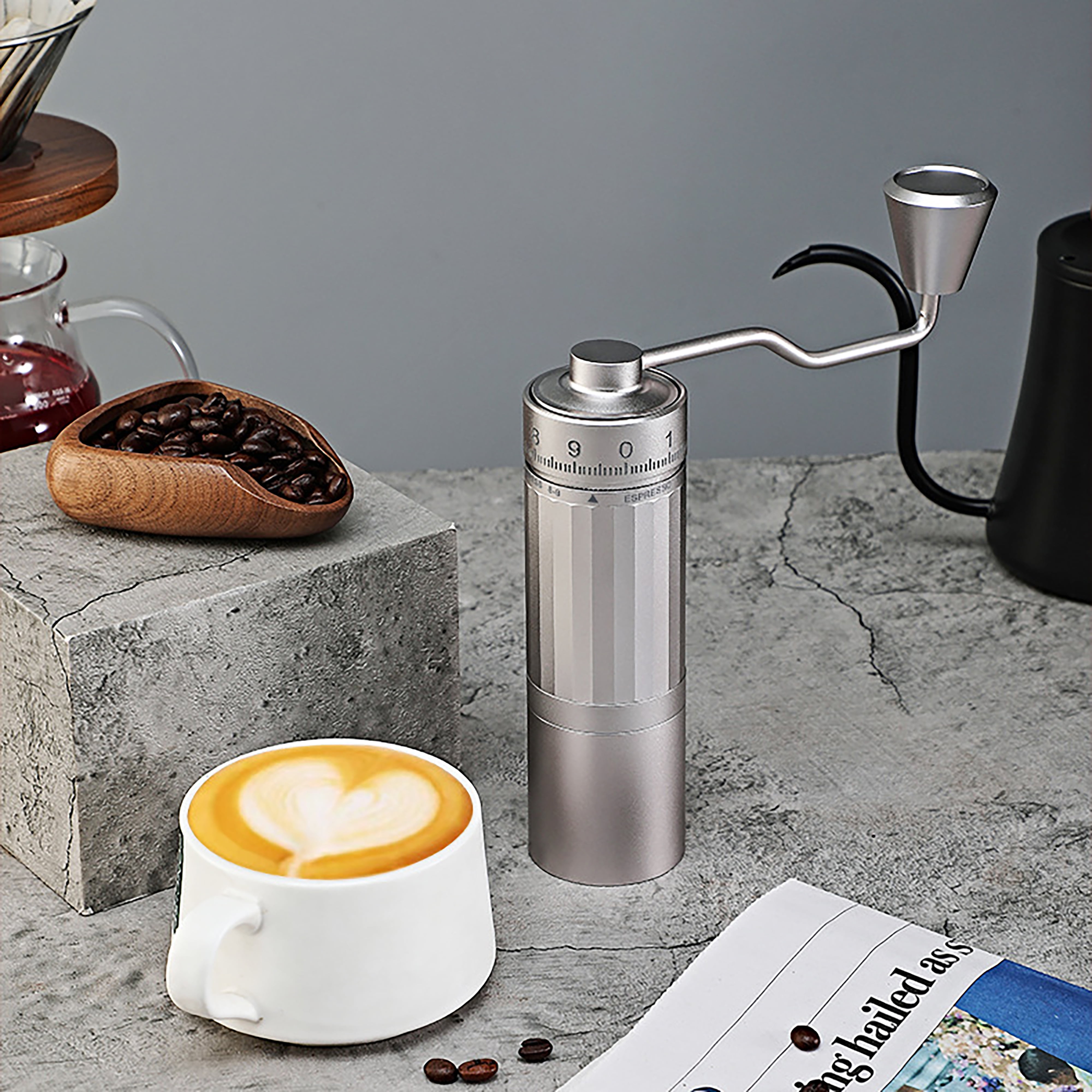 Portable Hand Coffee Grinder LHKLUK, 0.02mm External Adjustment, 7-Star Conical Stainless Steel Burrs, Aluminum Alloy Body, for Home, Travel & Office