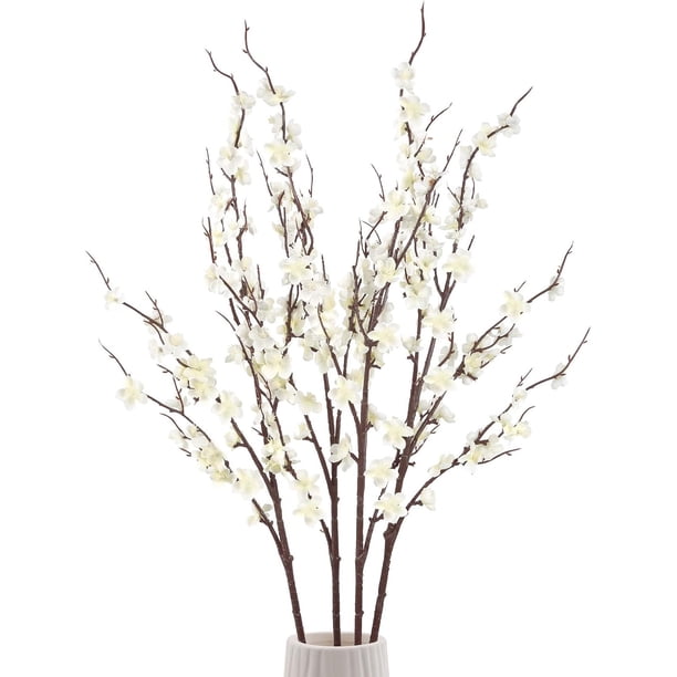 4 Piezas Ramas de Flor de Cerezo Blancas, Ramas de Flor de Cerezo Artificiales con Tallos Largos Flores de Seda Artificiales para Jarrón, Boda, Oficina, Fiesta, Mesa, Centro de