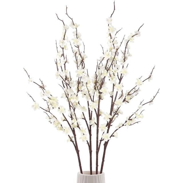 4 Piezas Ramas de Flor de Cerezo Blancas, Ramas de Flor de Cerezo Artificiales con Tallos Largos Flores de Seda Artificiales para Jarrón, Boda, Oficina, Fiesta, Mesa, Centro de