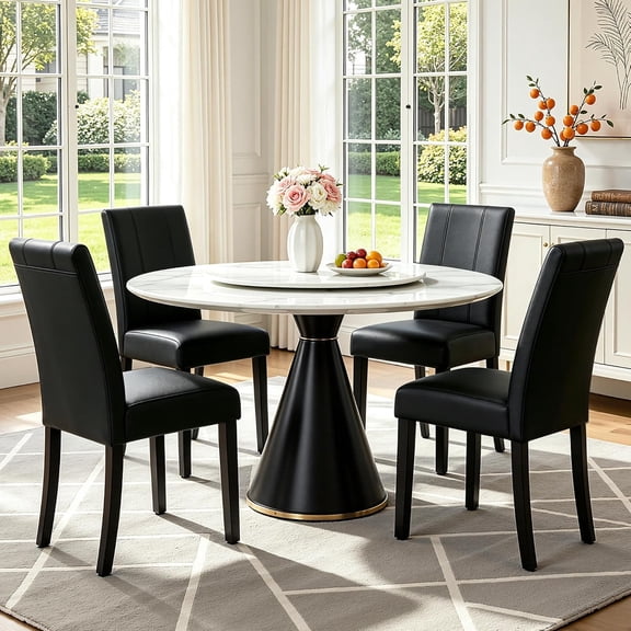 Set of 4 Dining Chairs, Faux Leather Dining Room Chairs, Upholstered Modern Kitchen Parsons Chairs with Sturdy Wood Legs, Black (Only Chair)