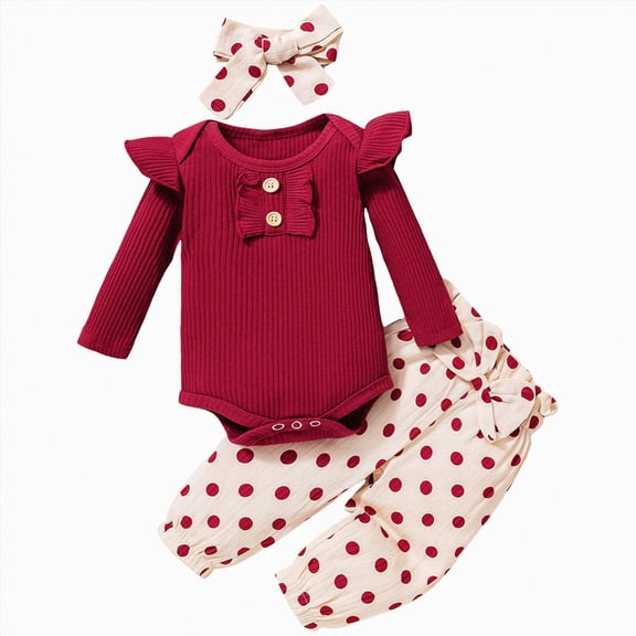 TOWED22 Baby Girl Clothing Outfits 3pc Set Long Sleeve Crew Neck Print Romper Bodysuit Flare Pants Headband Fall Winter Jumpsuit Set(Red,6-12 M)