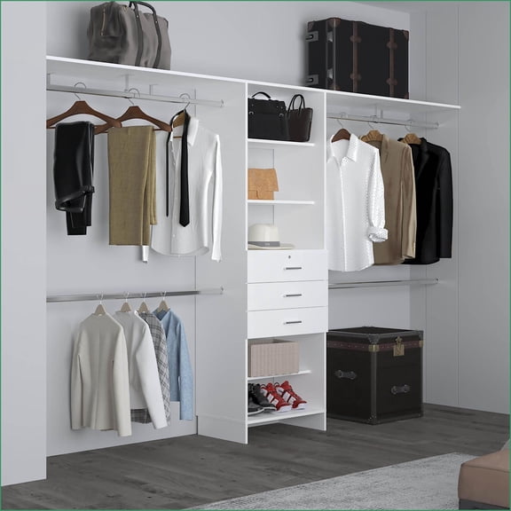 Closet Systems with 4 Hanging Rods, 6 Shelves, 3 Drawers | White | Engineered Wood