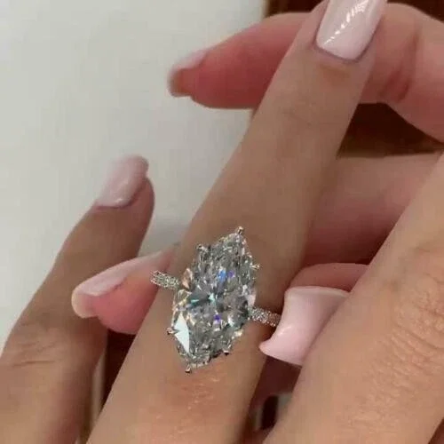 4Ct Marquise Moissanite Solitaire Engagement Ring 14K White Gold Plated Silver