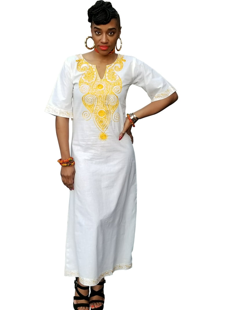 Off-White African Dashiki Dress with Golden Orange Embroidery