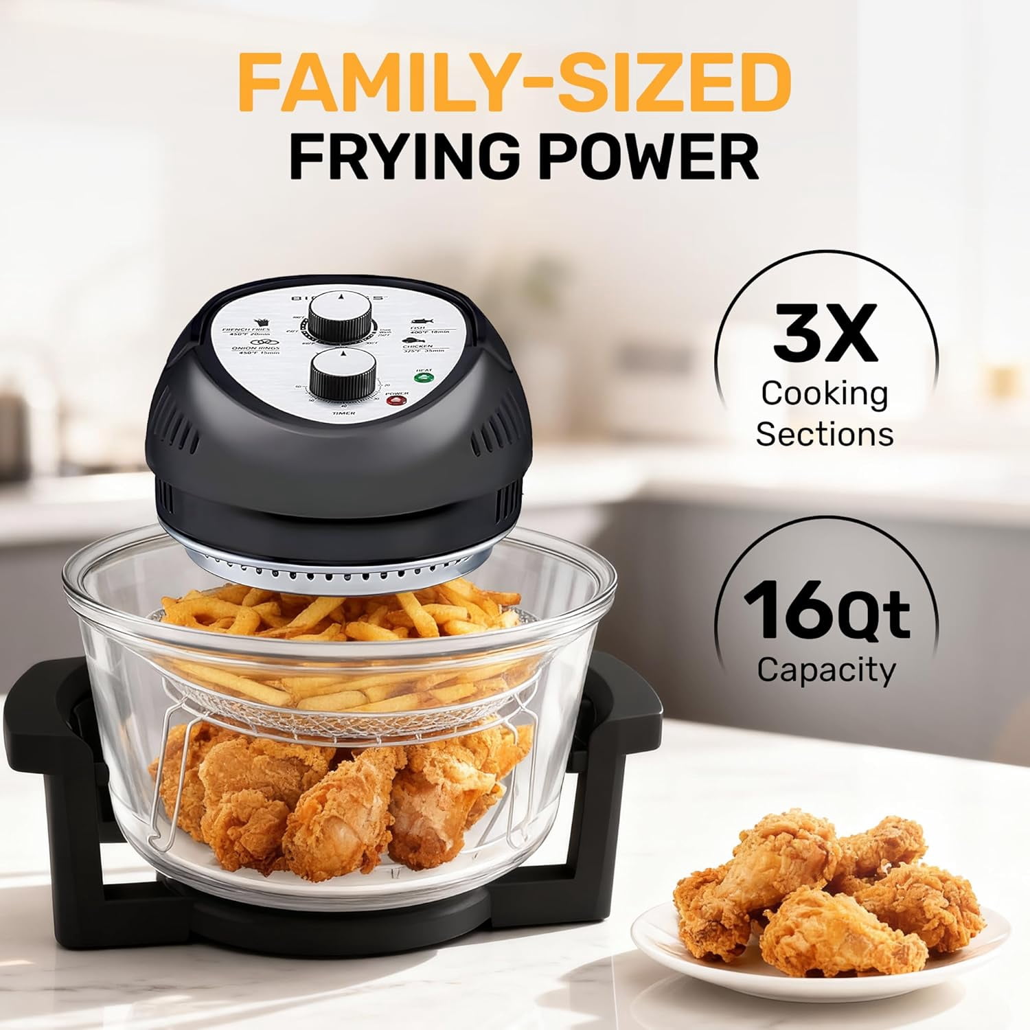 Granitestone Big Boss 16Qt Extra Large Glass Air Fryer Non Toxic – Family Sized 4 in 1 Cooker with 3 Cooking Sections, Stainless Steel Racks for French Fries, Chicken, Self Cleaning, Dishwasher Safe