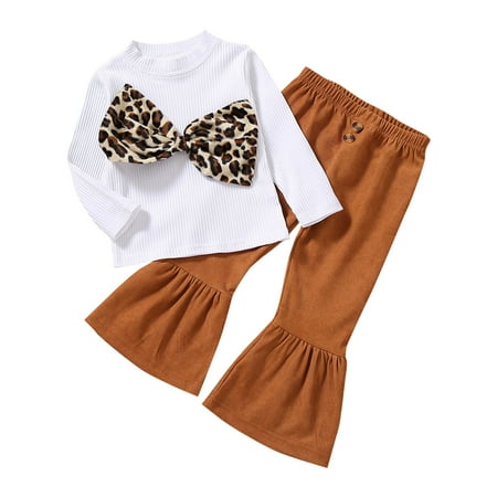 

kpoplk Christmas Outfit Toddler Girl Newborn Baby Girl Outfits Short Long Sleeve Babe Print Romper Bodysuit Flared Long Pants Headband 3Pcs Clothes Set(Brown)