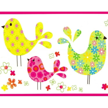 Dundee Deco Prepasted Wallpaper Border - Kids Pink, Green, Yellow, Blue Birds, Flowers, 15 ft x 5.8 in