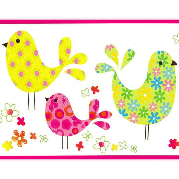 Dundee Deco Prepasted Wallpaper Border - Kids Pink, Green, Yellow, Blue Birds, Flowers, 15 ft x 5.8 in