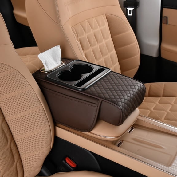 ST SoleMe.Tc Car Center Console Cover Booster Multifunctional Car Center Console Cushion Pad with Cup Holder & Tissue Box & Side Pockets Arm Rest Cover for Car, Embossed, Brown