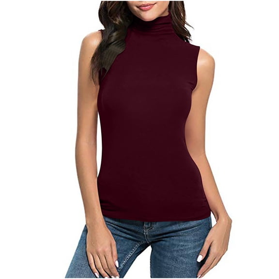 Moxiu Plus Size Mock Neck Tops for Women Sleeveless Basic Slim Stretchy Layer Tee Shirts Summer Turtleneck Underwear Tank Top Wine,XXXXL