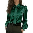 thumbnail image 2 of Dresfit Dress Shirt for Women Collared Polo Shirts with Bow Tie 2026 Long Sleeve Satin Office Tunic Spring Loose Button Up Business Tops Army Green M, 2 of 4