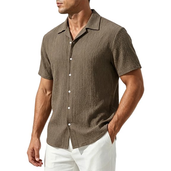 YLSDY Men's Camp Collar Crinkle Linen Shirt, Button-Down Short Sleeve with Relaxed Fit, Vacation Style Top Brown M