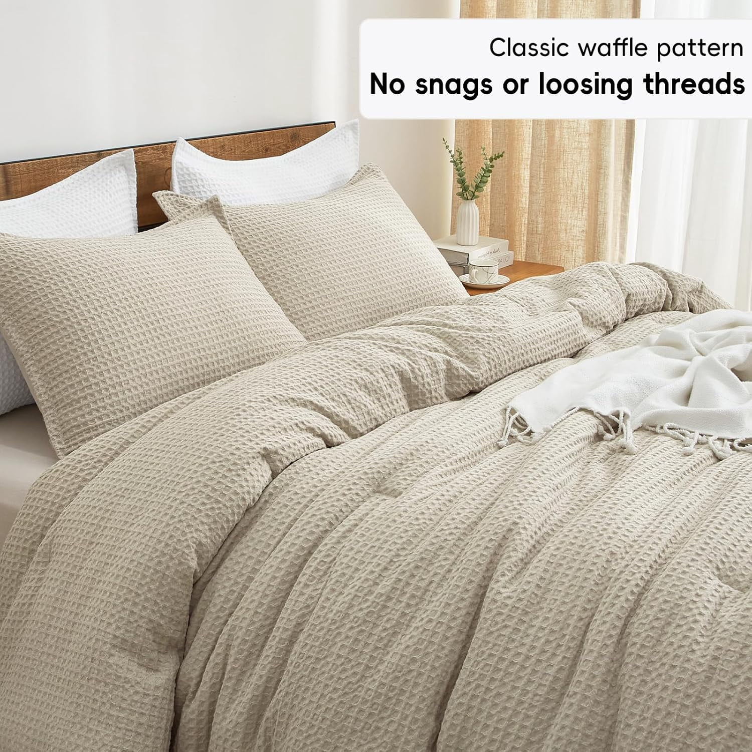 PHF 3-Piece Waffle Weave Comforter Set Queen Size, Lightweight Comfy Bedding Set for All Season, Ultra Soft Textured 1 Comforter with 2 Pillow Shams, Linen