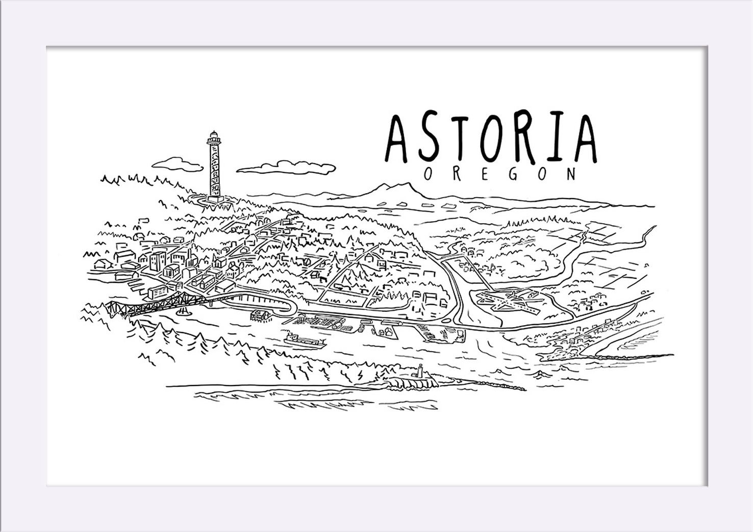 Astoria, Oregon - Line Drawing - Black & White - Lantern Press Artwork ...