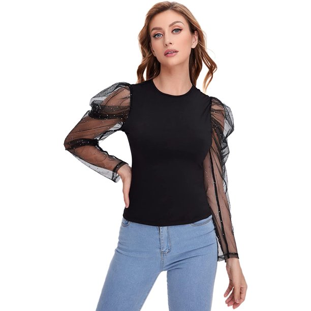 Blusas ajustadas con cuello redondo y manga abullonada para mujer Negro XL Negro XL Xishao ropa