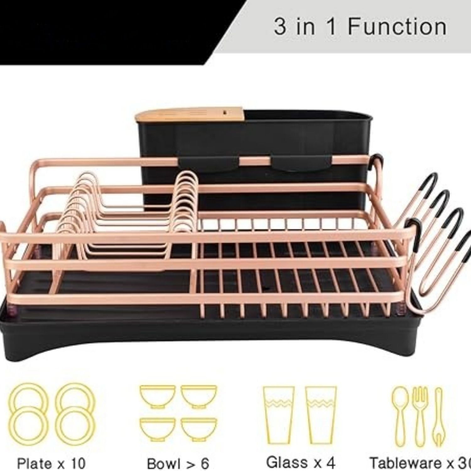 Aluminum Dish Drying Rack, Dish Racks for Kitchen Counter, Dish Drainer with Removable Cutlery Holder & Cup Holder, Unique 360° Swivel Spout Drainboard, 16.5" L x 11.8" W, Golden